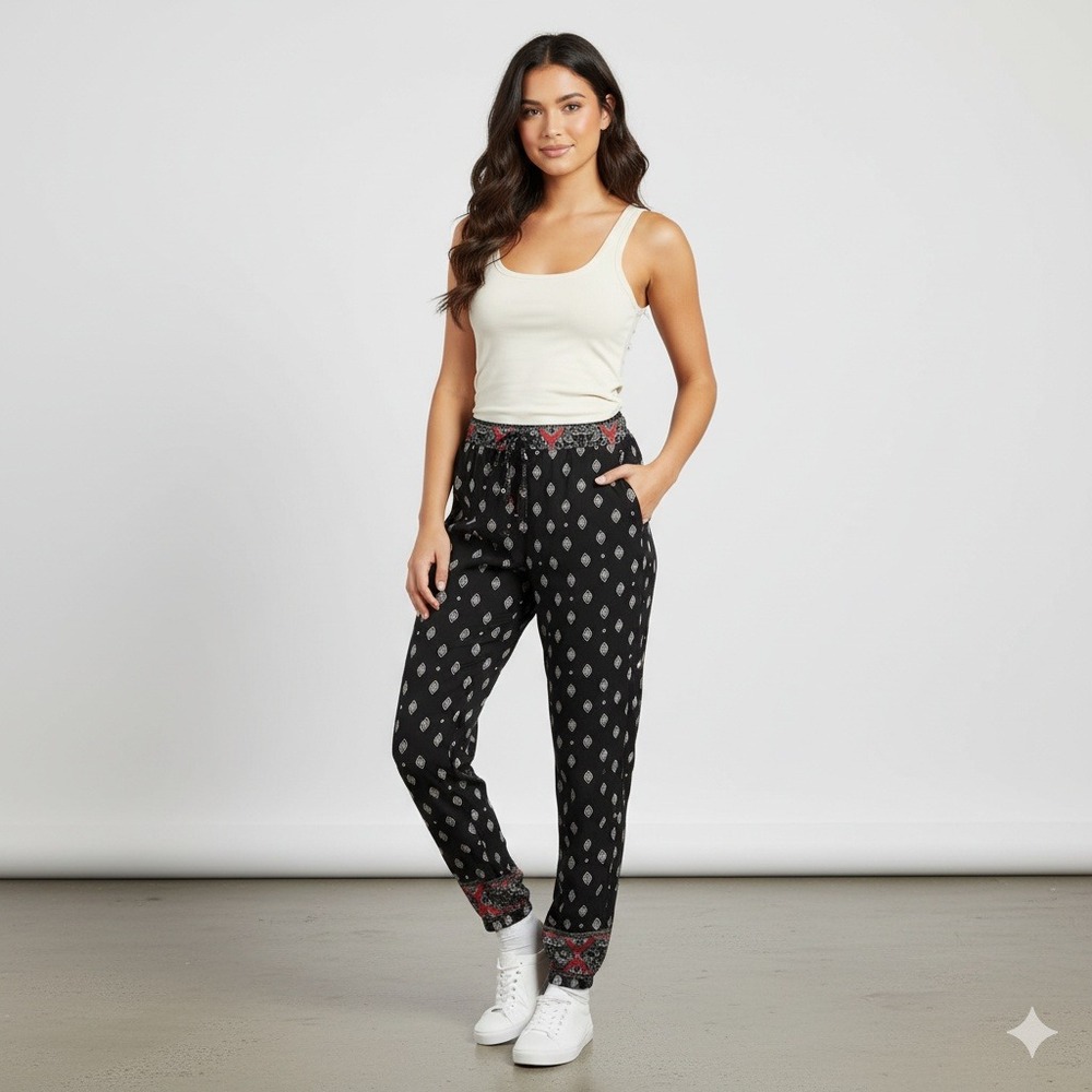 Haute Monde Black Patterned Drawstring Pants Ladies Bohemian Style - Large